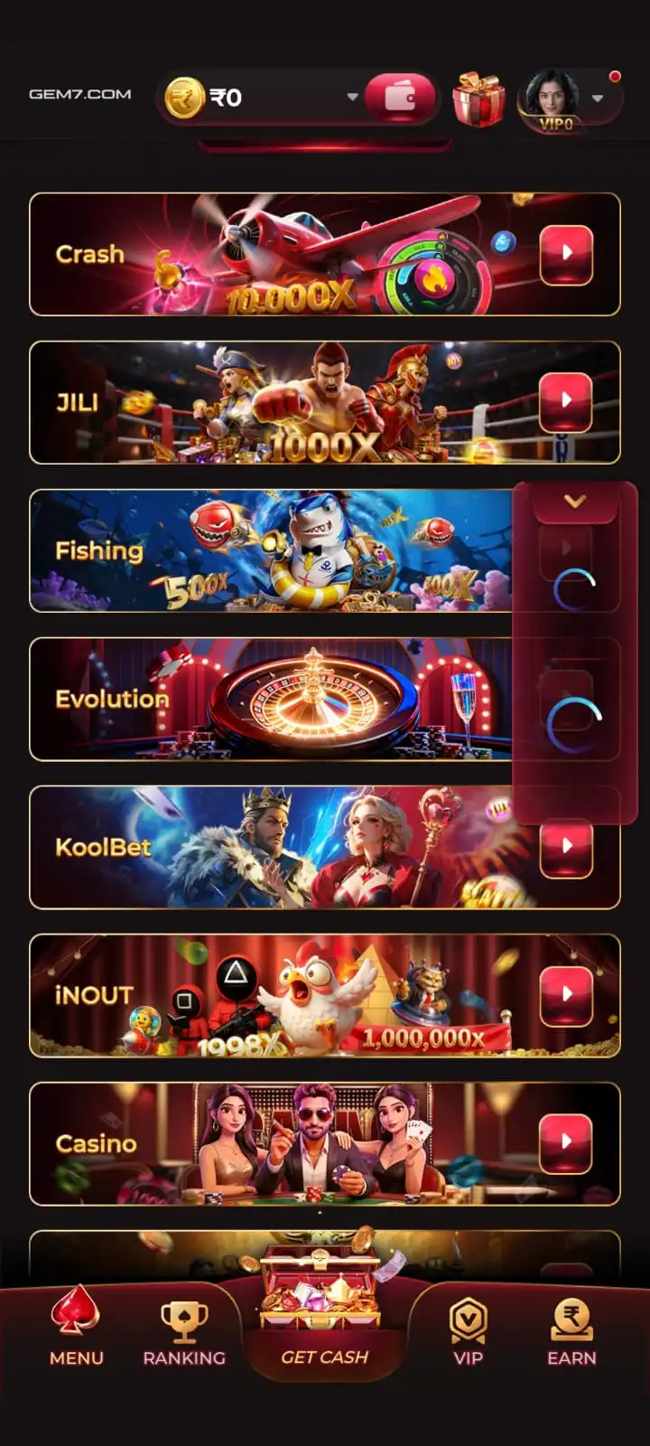 FN7 Game Android gaming and account screen